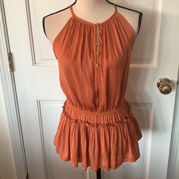 PHILOSOPHY GATHERED HALTER-NECK PEPLUM-TOP IN TERRACOTTA NWT - Picture 2 of 10